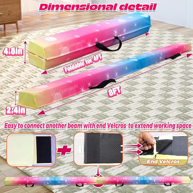 PreGymnastic Folding Gymnastics Balance Beam – 6FT & 8FT Suede EVA Foam Rounded Edge