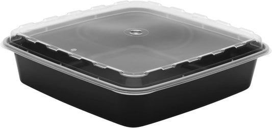 48 oz Square Meal Prep Containers w/ Lids – 100 Count (Bulk Case) | Black Base, Clear Lid
