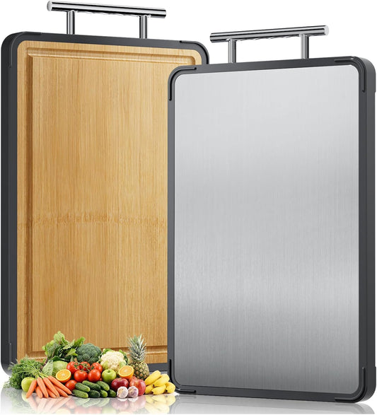 Kichn Double Sided Cutting Boards Stainless Steel Bamboo Handle