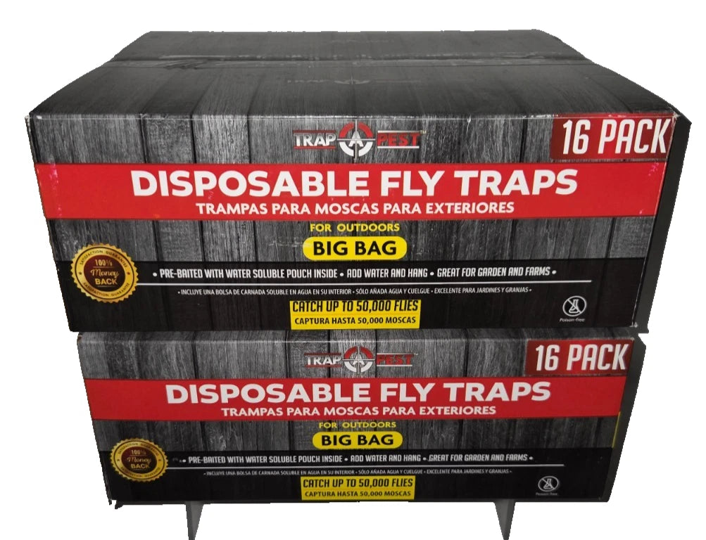 Lot of 2 - Trap Pest Disposable Fly Traps, Outdoor Big Bags, 32 Pack Pre Baited Garden Farm