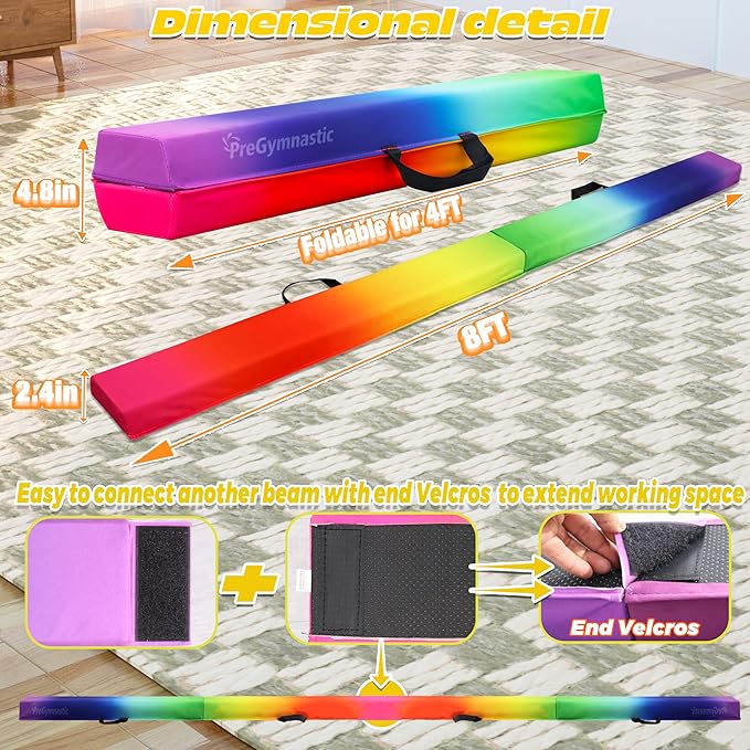 PreGymnastic Folding Gymnastics Balance Beam – 6FT & 8FT Suede EVA Foam Rounded Edge