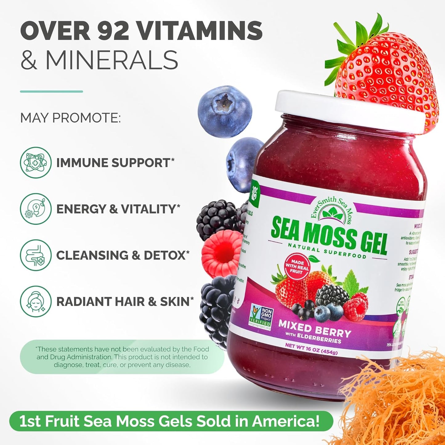 Sea Moss Gel Mixed Berry Elderberry 16oz Natural Energy Immune Support by Eversmith