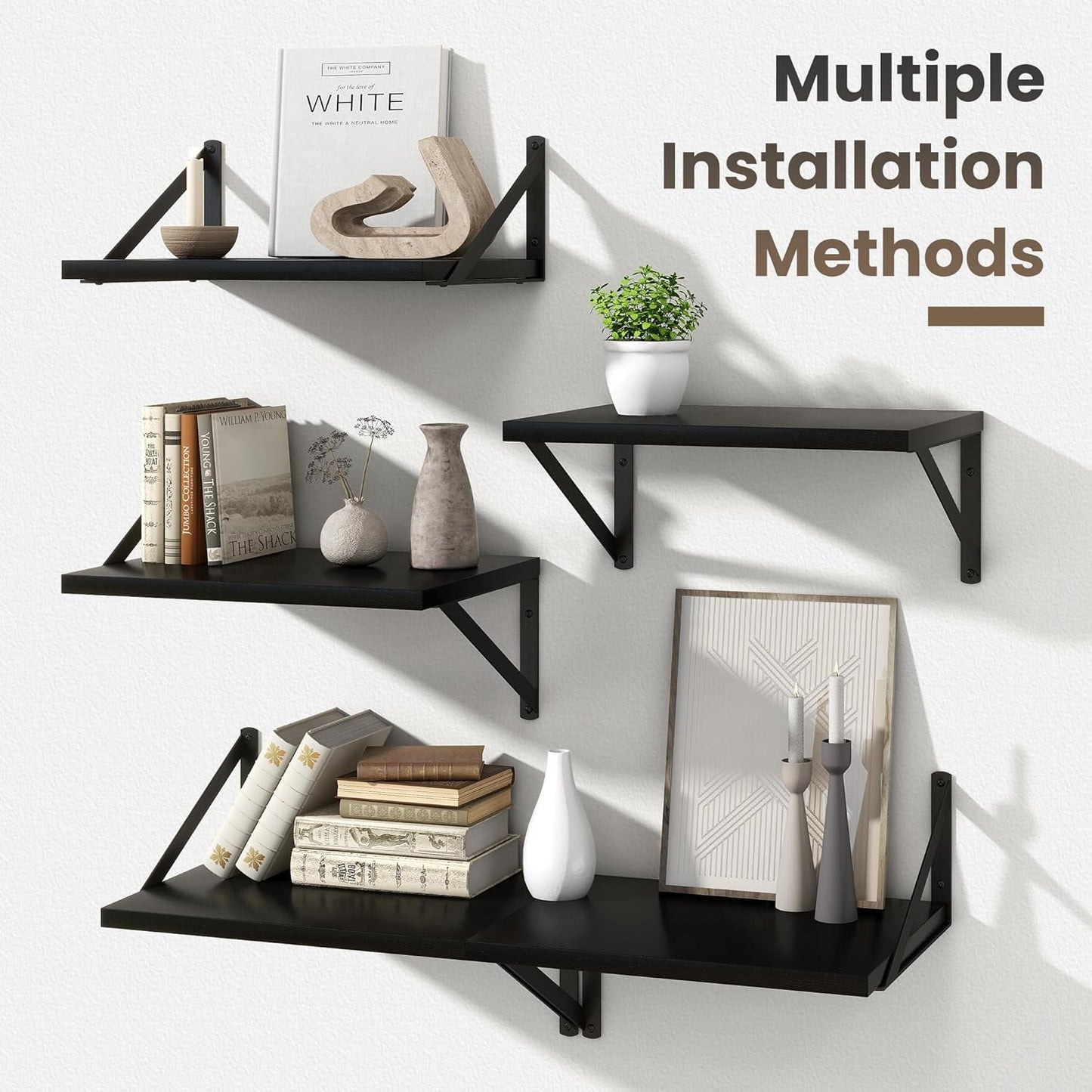 Set of 4 Floating Wall Shelves Black Wood Mount Storage Display Shelves