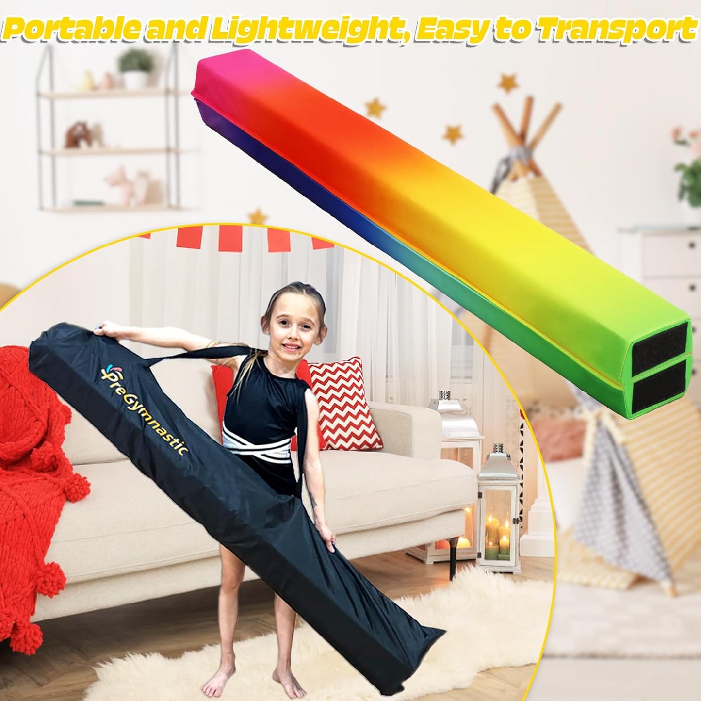 PreGymnastic Folding Gymnastics Balance Beam – 6FT & 8FT Suede EVA Foam Rounded Edge